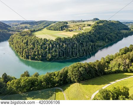 Drone Image Of Rhine Loop And Sinuosity At Toesegg In Canton Zurich, Switzerland