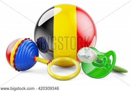 Birth Rate And Parenting In Belgium Concept. Baby Pacifier And Baby Rattle With Belgian Flag, 3d Ren