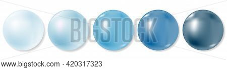 Realistic Sea Pearls Or Blue Beads Collection On White Background. 3d Balls Set, Different Shades, G