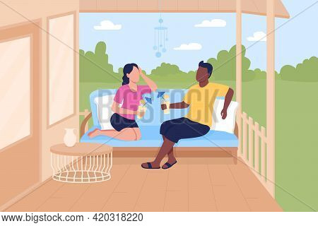 Friends Meeting On Patio Flat Color Vector Illustration. Outdoor Meeting Space. Enjoying Summer Days