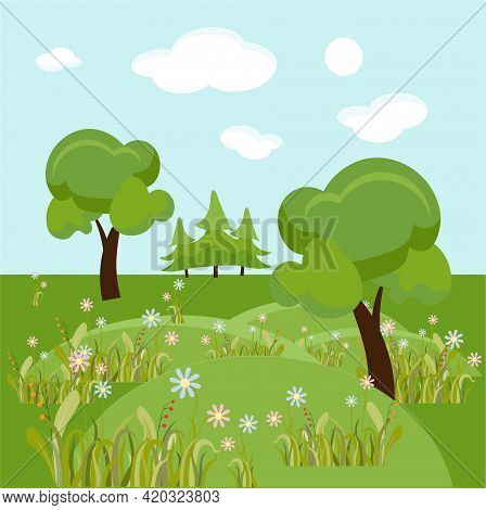 Summer Landscape With Hill Tree And Flowers. Cute Romantic Nature Flat Design Stock Vector Illustrat