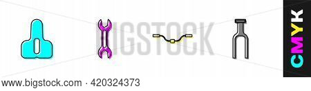 Set Bicycle Seat, Wrench Spanner, Handlebar And Fork Icon. Vector