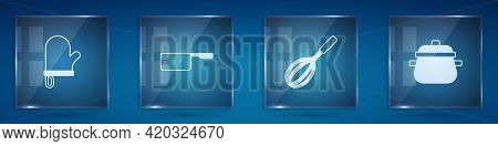Set Oven Glove, Saucepan, Kitchen Whisk And Cooking Pot. Square Glass Panels. Vector
