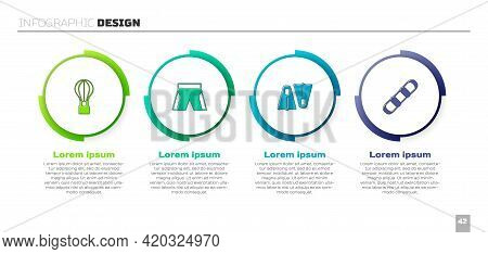 Set Hot Air Balloon, Short Or Pants, Rubber Flippers For Swimming And Snowboard. Business Infographi