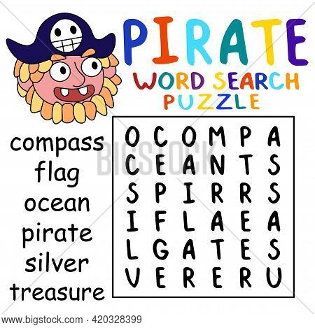 Cartoon Hand-drawn Pirate Word Search Puzzle Stock Vector Illustration. Help Pirate Captain To Find 