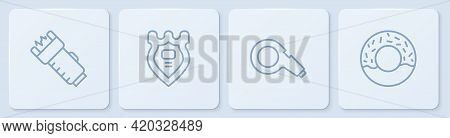Set Line Police Electric Shocker, Whistle, Badge And Donut. White Square Button. Vector