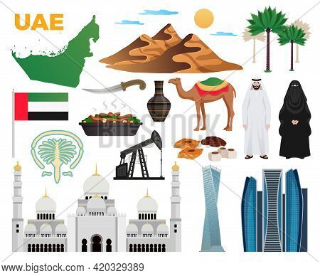 Uae Travel Flat Icons Collection With Landmarks National Flag Clothing Cuisine Mountains Modern Arch
