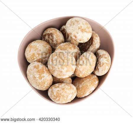 Tasty Homemade Gingerbread Cookies In Bowl On White Background, Top View
