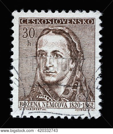 ZAGREB, CROATIA - SEPTEMBER 18, 2014: Stamp printed in Czechoslovakia shows a portrait of Bozena Nemcova (1820-1862), Anniversary cultural figures series, circa 1962