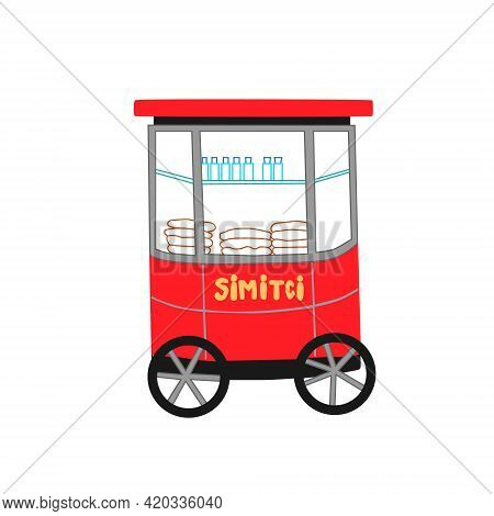 Vector Illustration Of Traditional Red Turkish Street Food Cart With Sesame Bagel Simit Isolated On 