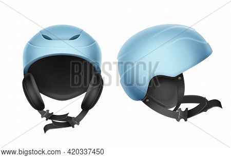 Vector Blue Protective Helmet For Skiing, Snowboarding And Other Winter Sports Front, Side View Isol