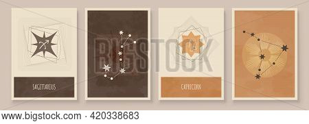 Abstract Art With Zodiac Celestial Sign And Constellation. Sagittarius Or Archer, Capricornus Or Goa