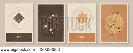 Abstract Art With Zodiac Celestial Sign And Constellation. Taurus As Bull, Aries As Ram. Wall Art In