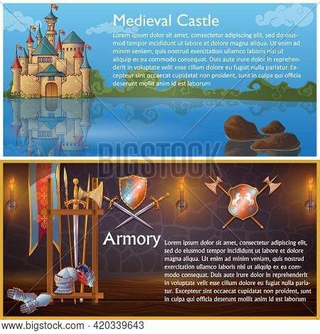 Attributes Of Knight Compositions With Medieval Castle And Heraldic Signs On Armour Weapons Shields 