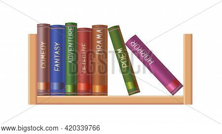 Set Of Book On The Bookshelf. Many Genres. Vector Illustration. Isolated White Background.