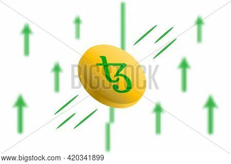 Tezos Coin Up. Green Arrow Up With Gaussian Blur Effect Background. Tezos Xtz Market Price Soaring. 