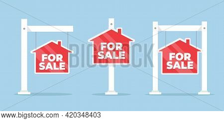 Set For Sale Sign. For Sale Sign With House In Flat Style.  Vector Stock