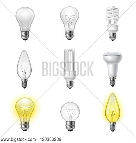 Low Energy Fluorescent Halogen And Commonly Used Different Types Light Bulb Realistic Pictograms Set