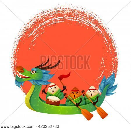 Dragon Boat Festival with rice dumpling cartoon character and dragon boat on abstract ink brush circle background. Isolated.
