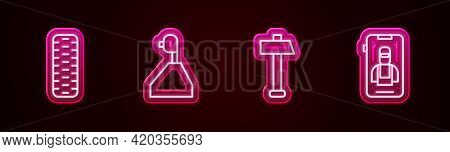 Set Line Car Tire Wheel, Gear Shifter, Hammer And Online Car Services. Glowing Neon Icon. Vector