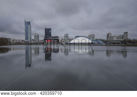 Minsk / Belarus - March 17 2019: The Skyline Of Minsk Belarus With The Svislach River