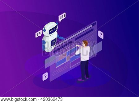 Chatbot Isometric Color Vector Illustration. Customer Service Infographic. Client Use Chat Bot. Webs