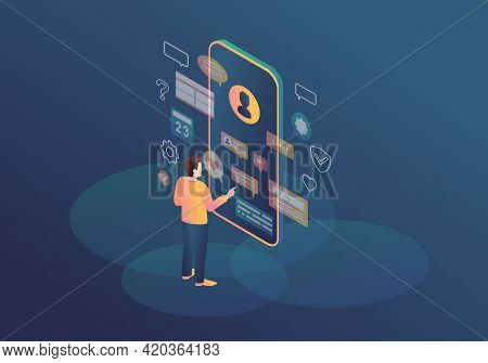 Messenger Isometric Color Vector Illustration. Virtual Ui. Person Using Smartphone. Online Communica
