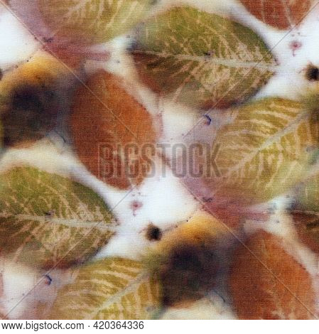 Seamless Botanical Print With Leaf Prints On Natural Silk. Hand-drawn Illustration.