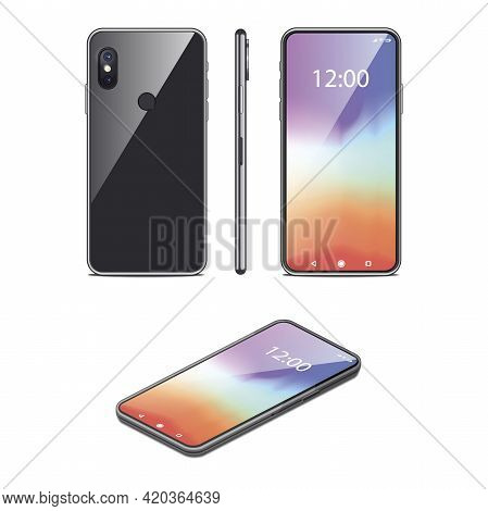 Smartphone Realistic 3d Vector Illustration. Mobile Phone Mockup. Telephone Set In Different Angles,