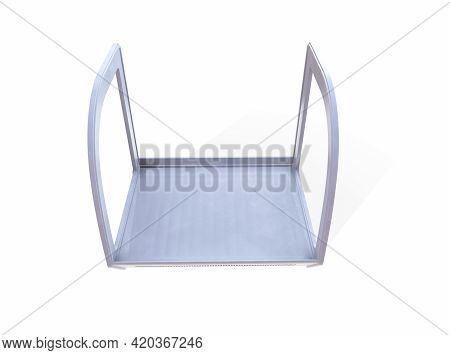Showcase For Products, Goods, Medical Laboratories. Empty Glass Exhibition Stand, Platform In Neon L