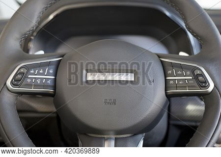 Russia, Izhevsk - February 17, 2021: Haval Showroom. Steering Wheel Of New Haval F7x Car With Leathe