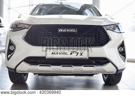 Russia, Izhevsk - February 17, 2021: Haval Showroom. New Modern Haval F7x Car In Dealer Showroom. Fr