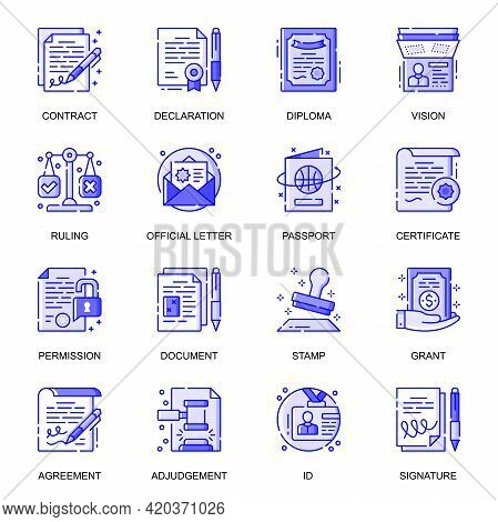 Legal Documents Web Flat Line Icons Set. Pack Outline Pictogram Of Declaration, Diploma, Official Le