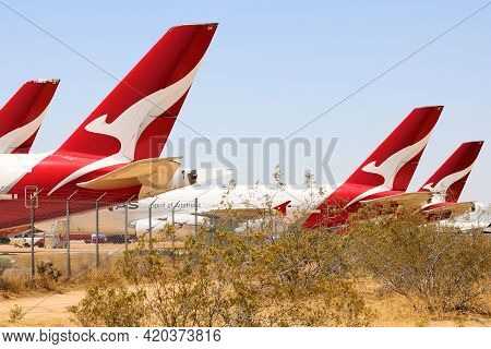 May 12, 2021 In Victorville, Ca:  Qantas A380 Aircraft Temporarily Stored On The Tarmac During The T