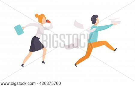 People Running With Briefcase, Business Person Rushing In Hurry To Get On Time Set Flat Vector Illus