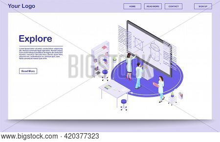 Scientific Exploration Isometric Landing Page Template. Cartoon Mathematicians Analysing Data On Int