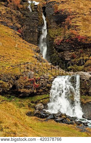 Gluggafoss Waterfall In Summer Season Also Called Merkjarfoss Near Thorsmork, Iceland