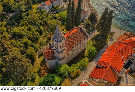 Aerial Shot Of The Church In Racisce Near Korcula Is Old
