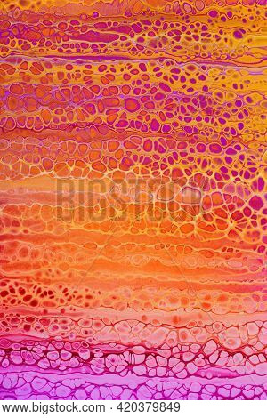 Colorful Abstract Acrylic Painting In Red, Yellow And Purple. Free Flowing Cells. Pouring.