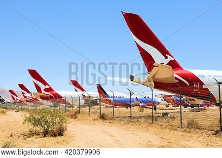 May 12, 2021 In Victorville, Ca:  Stored A380 Airliner Aircraft Taken At The Victorville, Ca Airplan