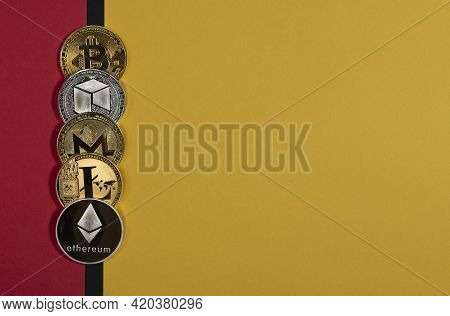 Different Shining Cryptocurrency Coins, Crypto Currency Concept. Banner Colorful With Bitcoin, Litec
