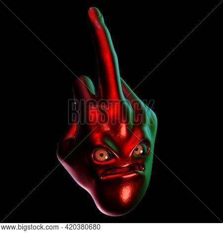 Middle Finger Fuck You Symbol Gesture Hand With Face Emoticon. Fuckman Cartoon Character Red Metalli