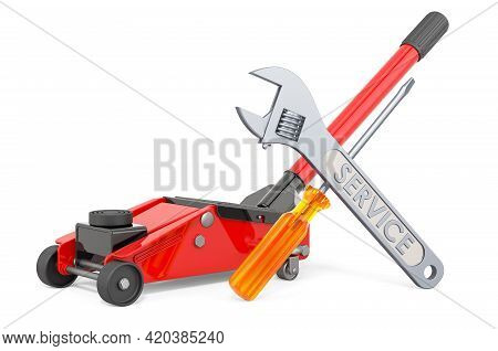 Service And Repair Of Hydraulic Floor Jack. 3d Rendering Isolated On White Background