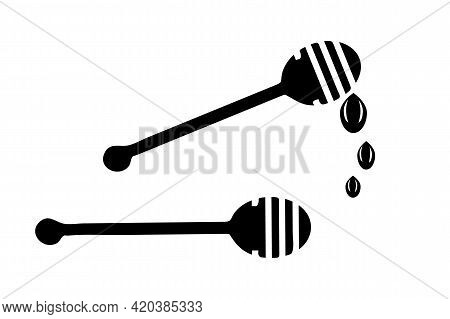 Honey Dipper Silhouette Isolated On White Background. Honey Spa Therapy Icon. Wooden Dipper With Dro