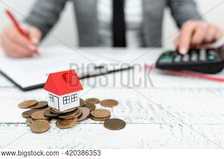 Lady Presenting New Home Savings Deals In Outfit, Business Woman Showing Possible Investment Oppurti