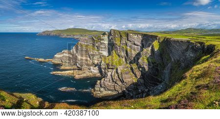 Large Panorama With Majestic Tall Kerry Cliffs And Turquoise Coloured Atlantic Ocean On A Sunny Summ
