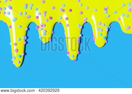 3d Illustration Of A Bright Summer Background With Yellow Syrup Flowing Down From Above With Multi-c