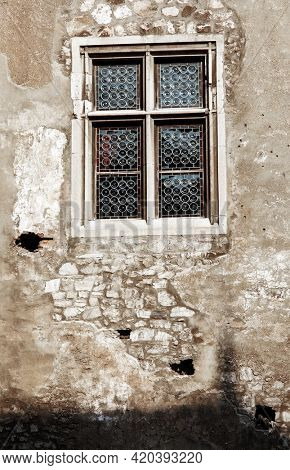 HUNEDOARA, ROMANIA - MAY 7, 2021: Architectural details of Corvin Castle, also known as Hunyadi Castle or Hunedoara Castle, Hunedoara County, Transylvania, Romania
