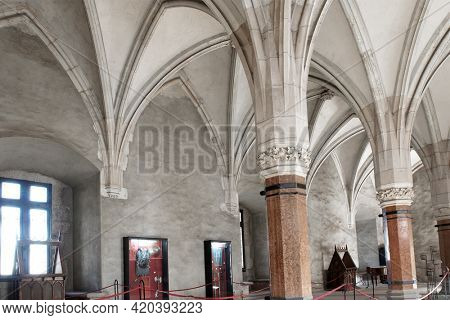 HUNEDOARA, ROMANIA - MAY 7, 2021: Architectural details of Corvin Castle, also known as Hunyadi Castle or Hunedoara Castle, Hunedoara County, Transylvania, Romania