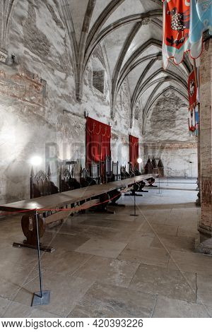 HUNEDOARA, ROMANIA - MAY 7, 2021: Architectural details of Corvin Castle, also known as Hunyadi Castle or Hunedoara Castle, Hunedoara County, Transylvania, Romania
